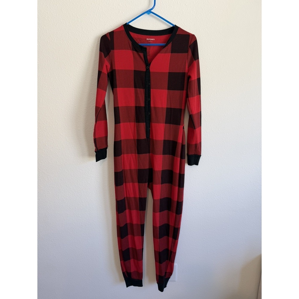 Old Navy Womens Red Black Buffalo Plaid Waffle Knit Pajama One-Piece Small